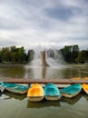 Fountain Golden Ear at VDNKh. Colorful boats